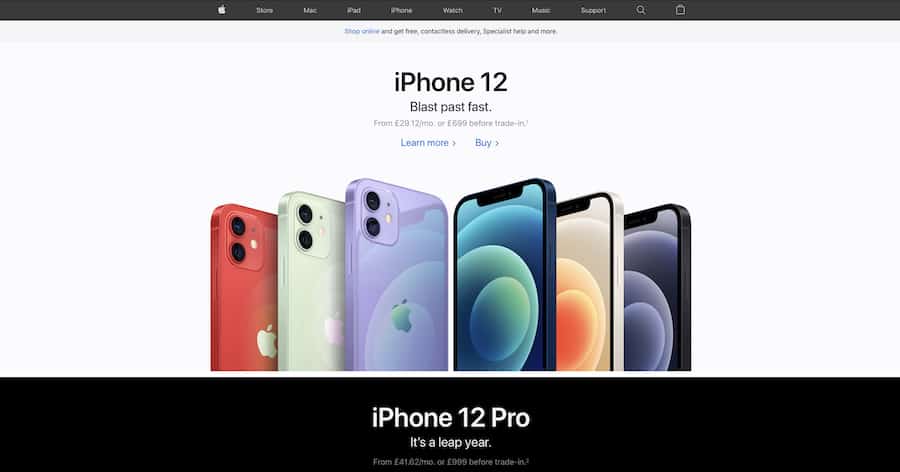 The Apple homepage, which makes effective use of white space and clear information architecture for easy navigation.