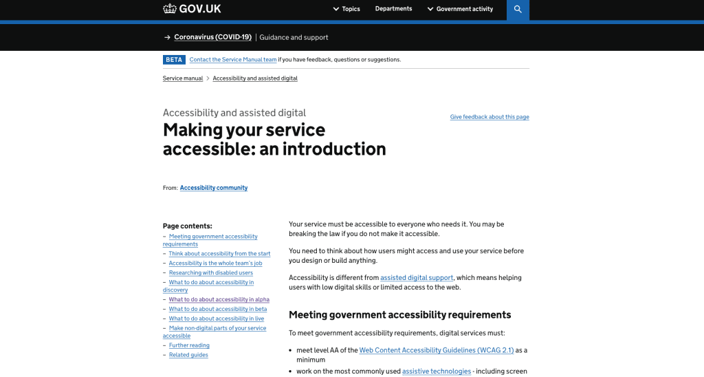 The UK Government page on making services accessible. There are clear navigation menus at the top of the page, and a page contents column on the left hand side. It is easy for the user to see where they are, and to find their way to other sections.